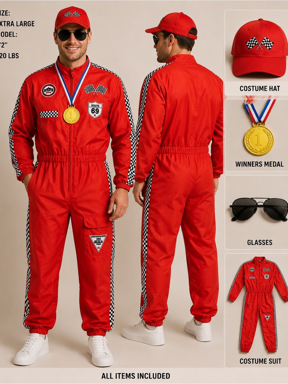 Race Car Driver Costume Men Racing Suit w/ Cap sunglasses Finish Line Racer